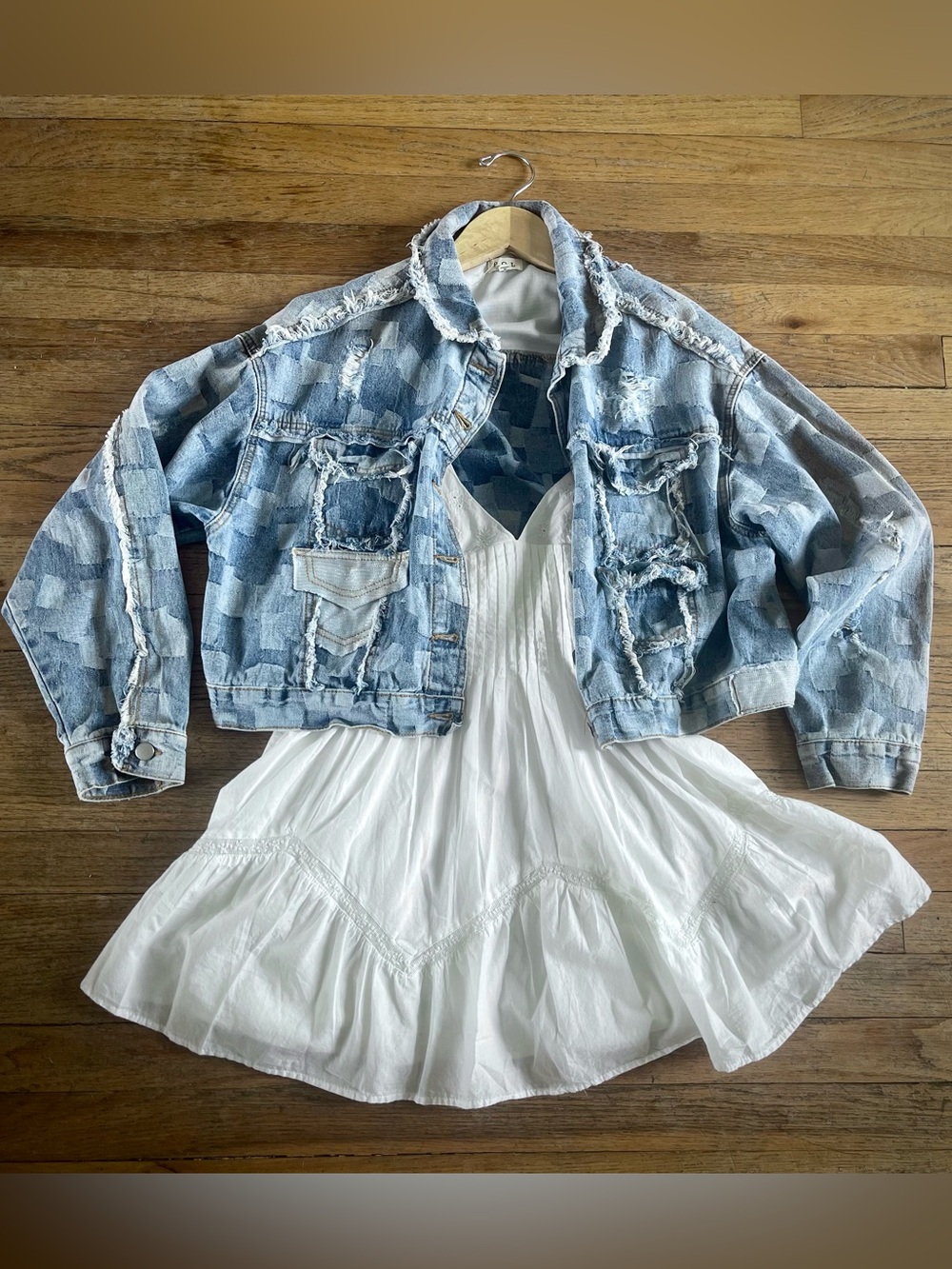 POL Distessed Jean Jacket Denim Patchwork Frayed Sz L Boxy